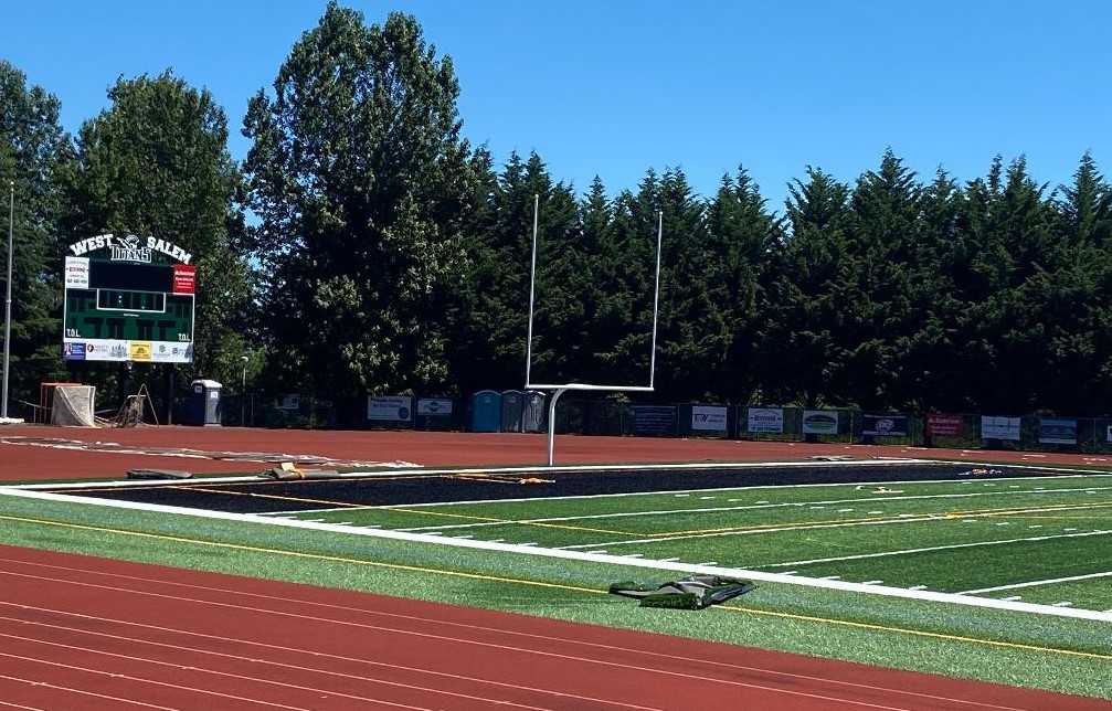 The black end zones in West Salem's new field are a nod to the old surface. (Photo courtesy West Salem HS)