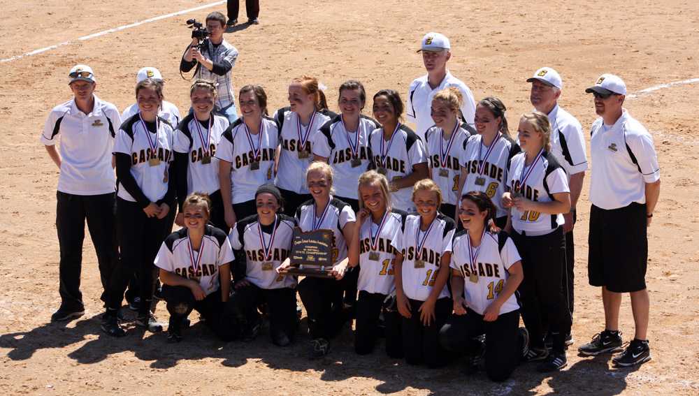 Cascade poses with the trophy after winning first state title in 2010. Tim Ganfield is on the far right, Ivan Simar far left