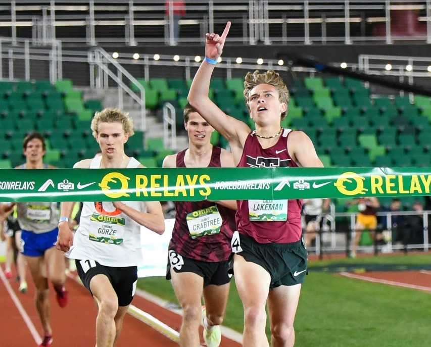 Tualatin's Caleb Lakeman won the 3,000 at the Oregon Relays, moving to No. 4 on the all-time list. (Becky Holbrook/DyeStat)