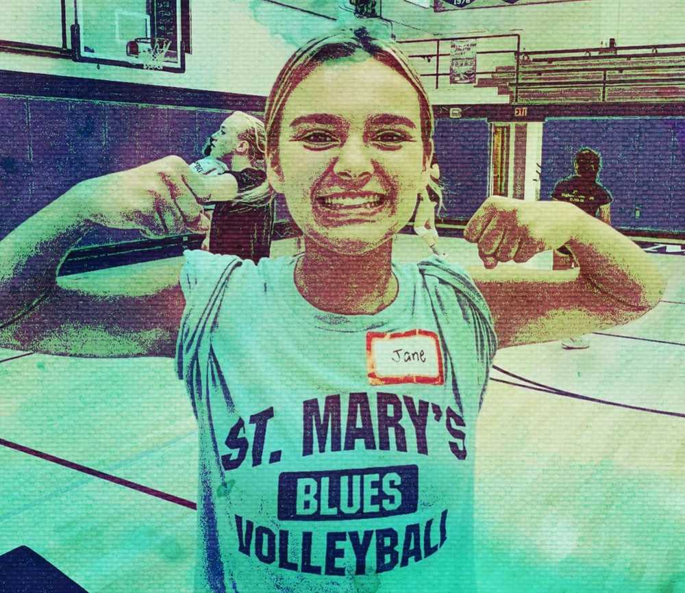 St. Mary's Academy created some fun photos from tryouts, like this one of Jane McDowell. SMA has a new coach in Wendy Stammer
