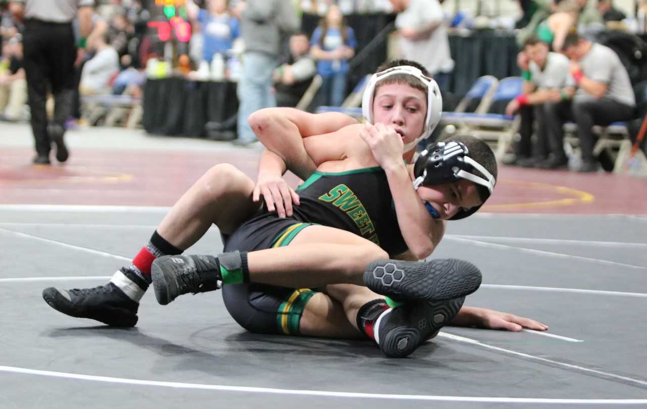 La Grande's Bragen Anderson (top), wrestling Sweet Home's Dillan Davis, placed third at 106 pounds. (Photo by Jim Beseda)