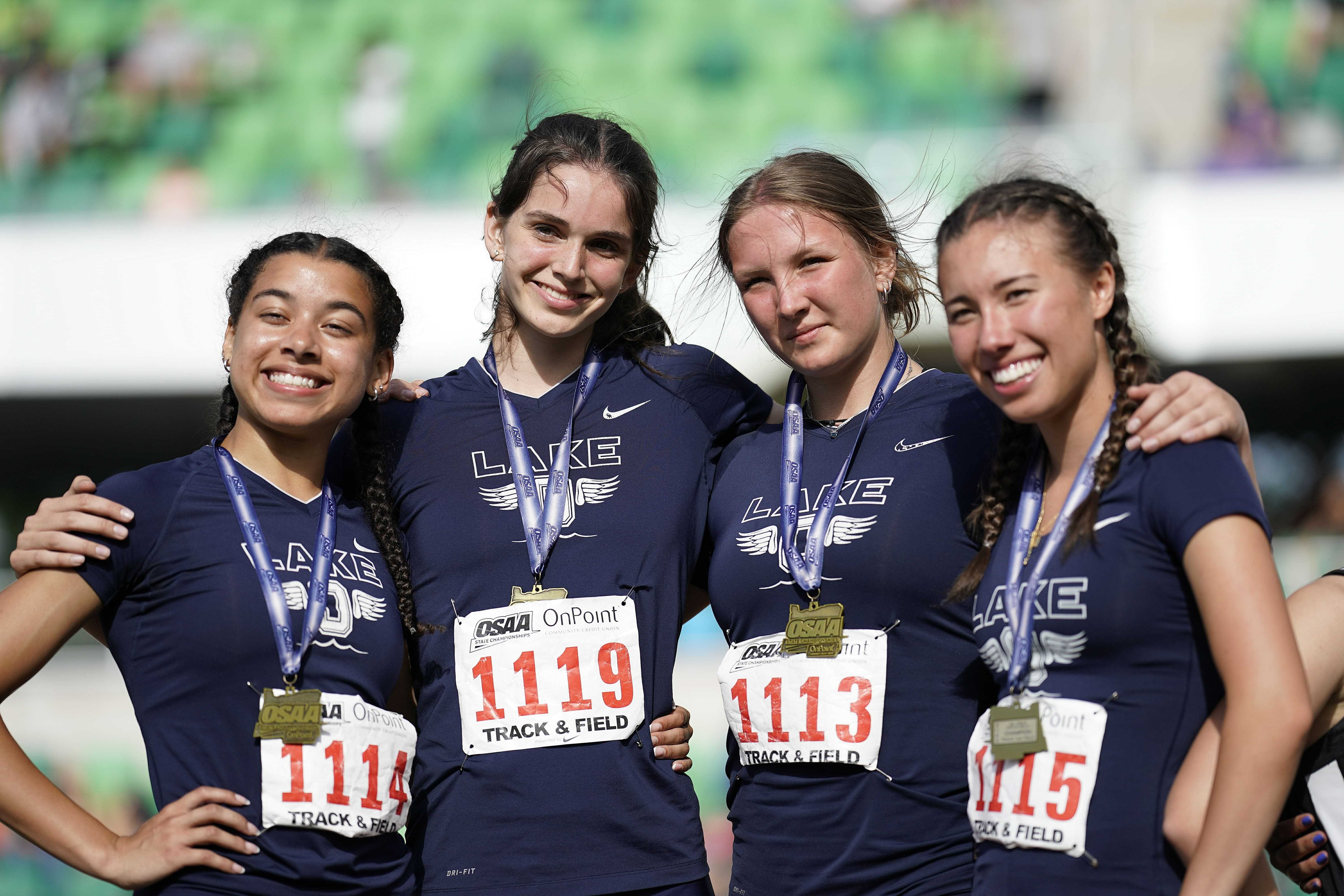 Lake Oswego's 4x400 relay, from left: Josie Donelson, Marina Turpen, Mia Brahe-Pedersen, Riley Ha. (Photo by Jon Olson)