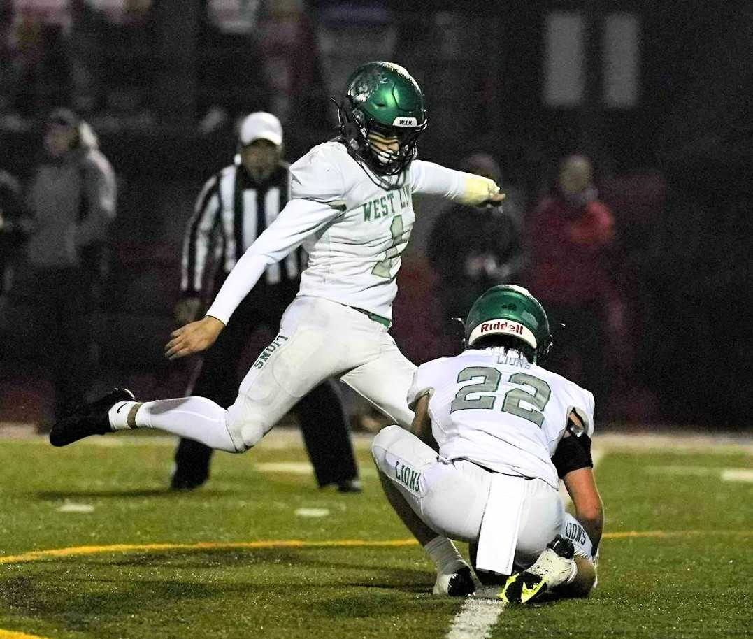 In two seasons as West Linn's kicker, Gage Hurych has made all but one field goal and one extra point. (Photo by Jon Olson)