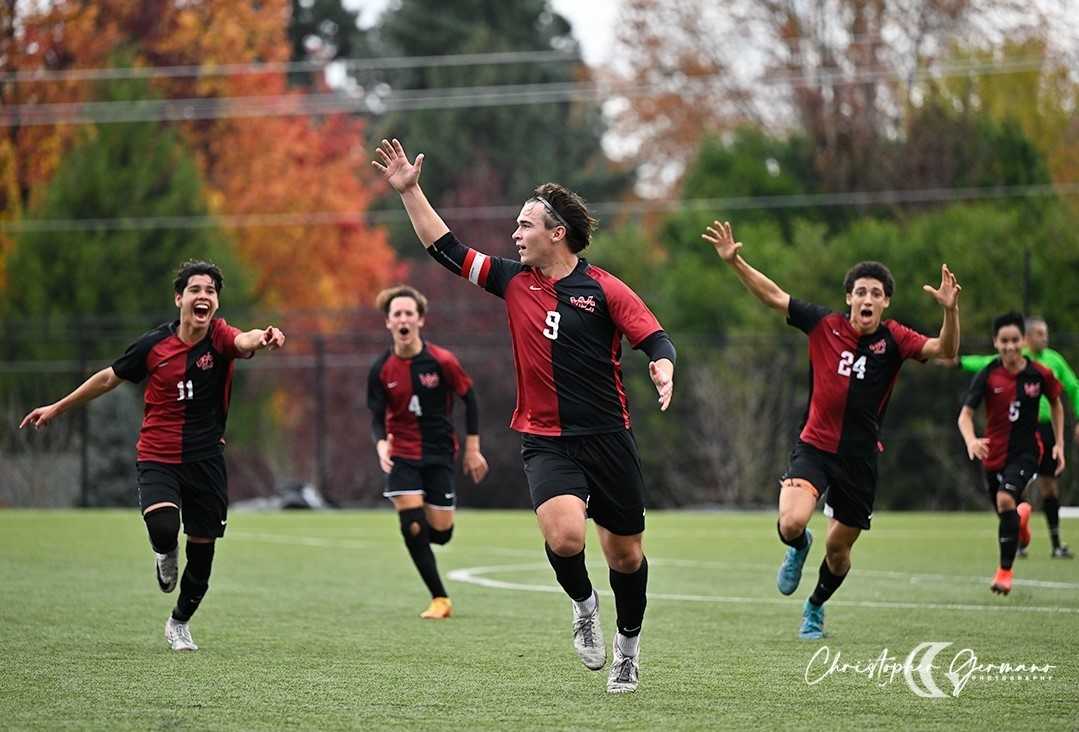 Westside Christian's Brady Housley (9) scored a goal in a quarterfinal win over Blanchet Catholic.(Photo by Christopher Germano)