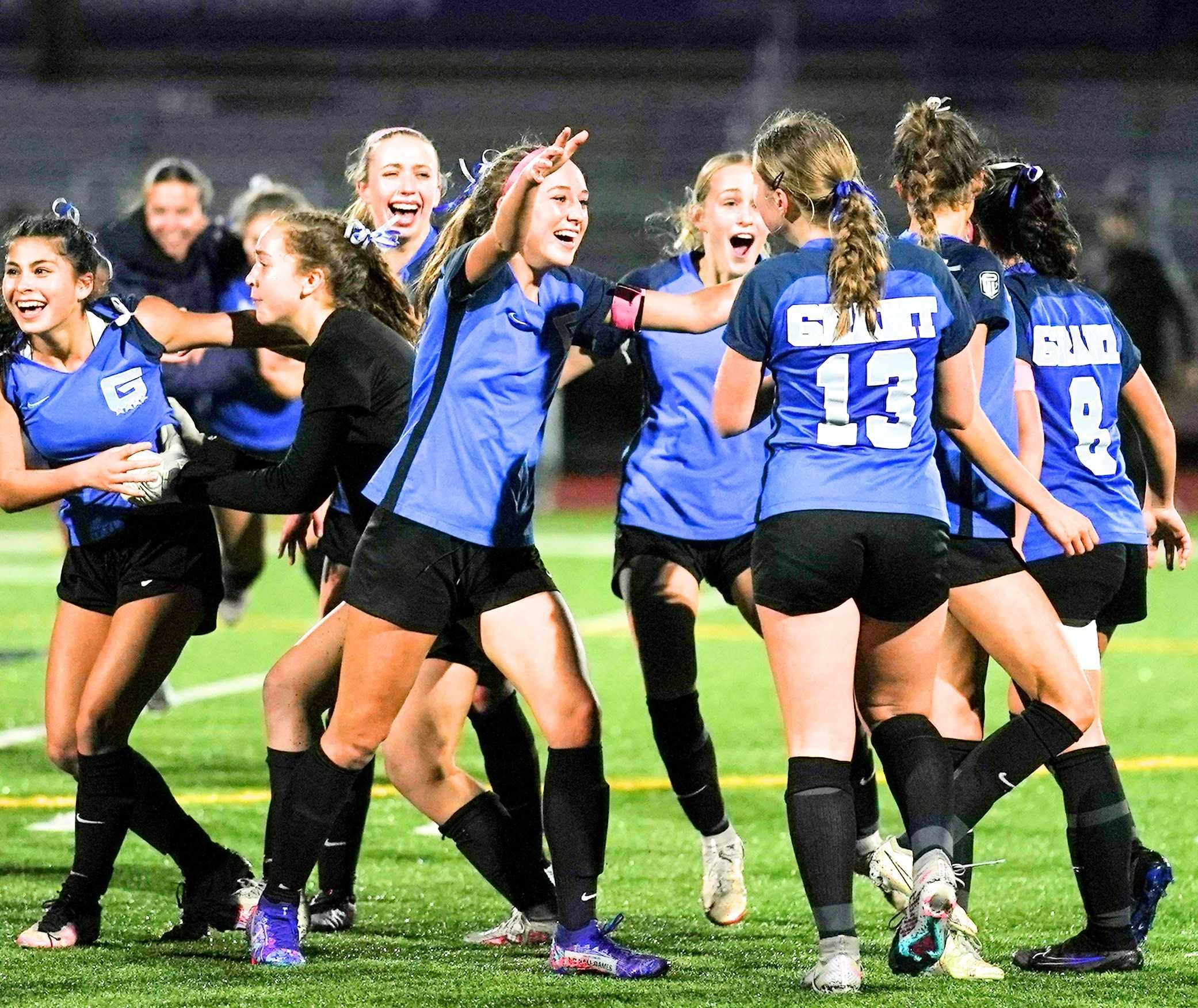 Grant players celebrate after defeating Cleveland in overtime in the 6A girls soccer final last year. (Photo by J.R. Olson)