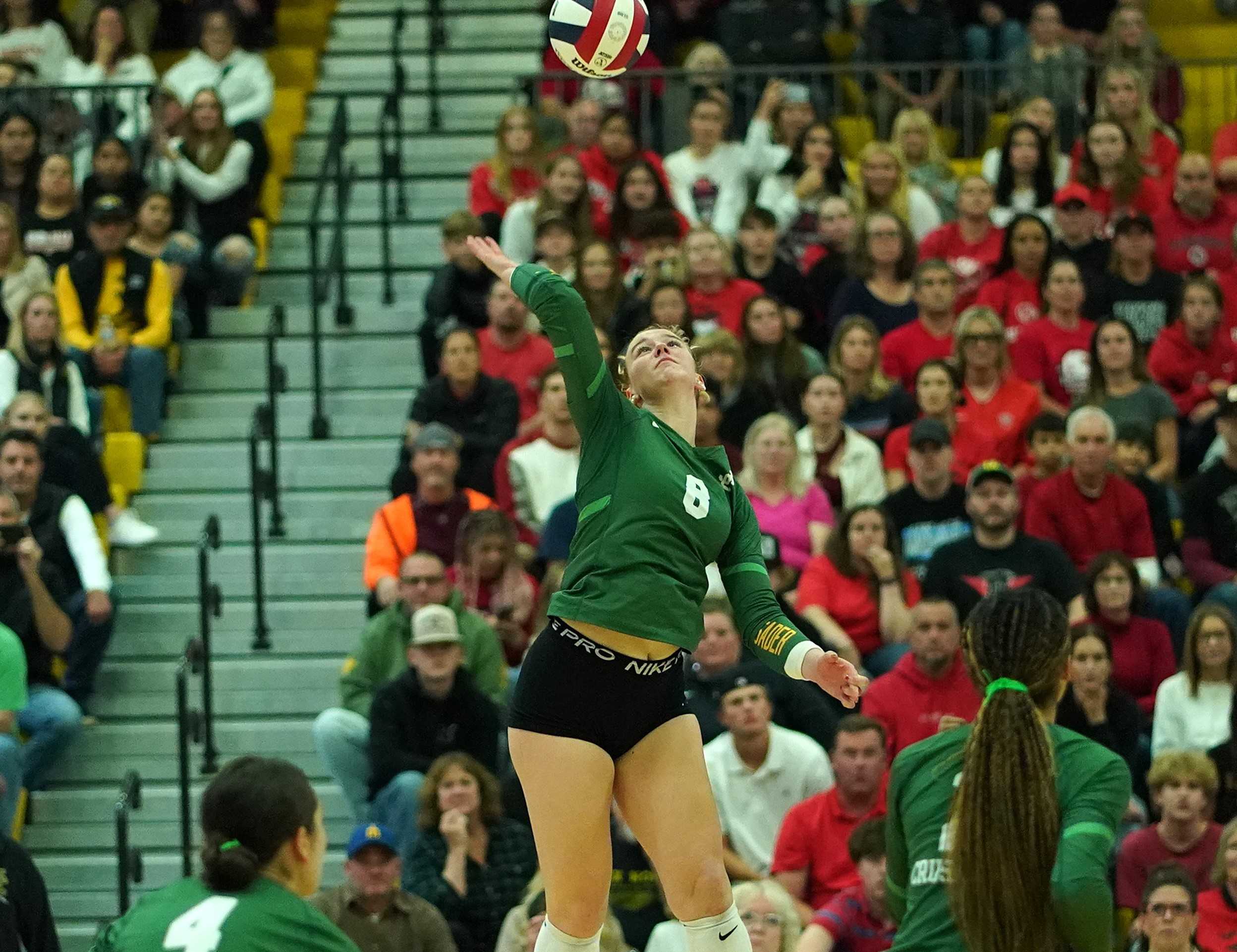 Jesuit's Sadie Ross had a team-high 14 kills in Saturday night's 6A volleyball final against Oregon City. (Photo by J.R. Olson)