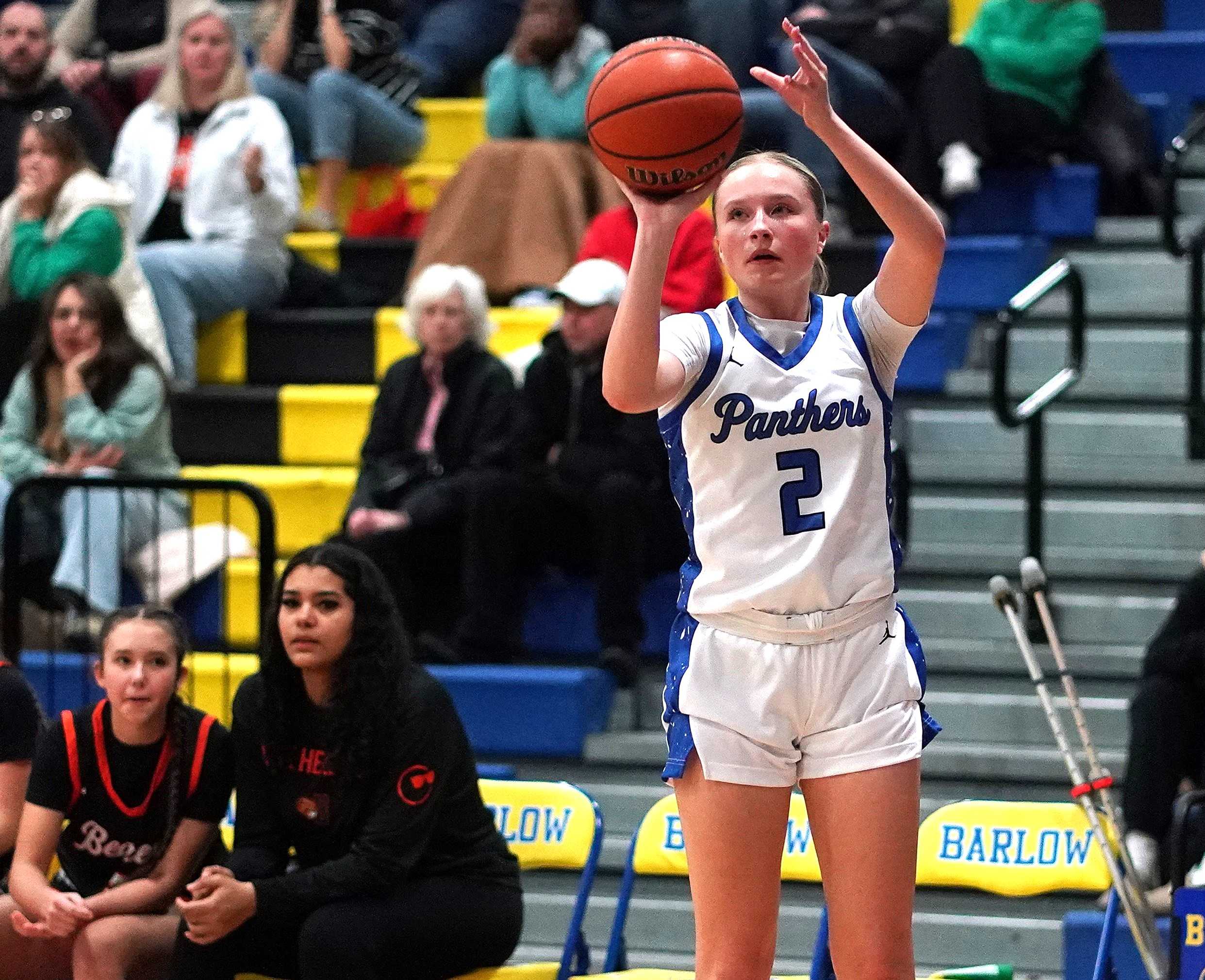 Senior Maddy Warberg shot 5 of 9 from three-point range in South Medford's win over Beaverton on Friday. (Photo by J.R. Olson)