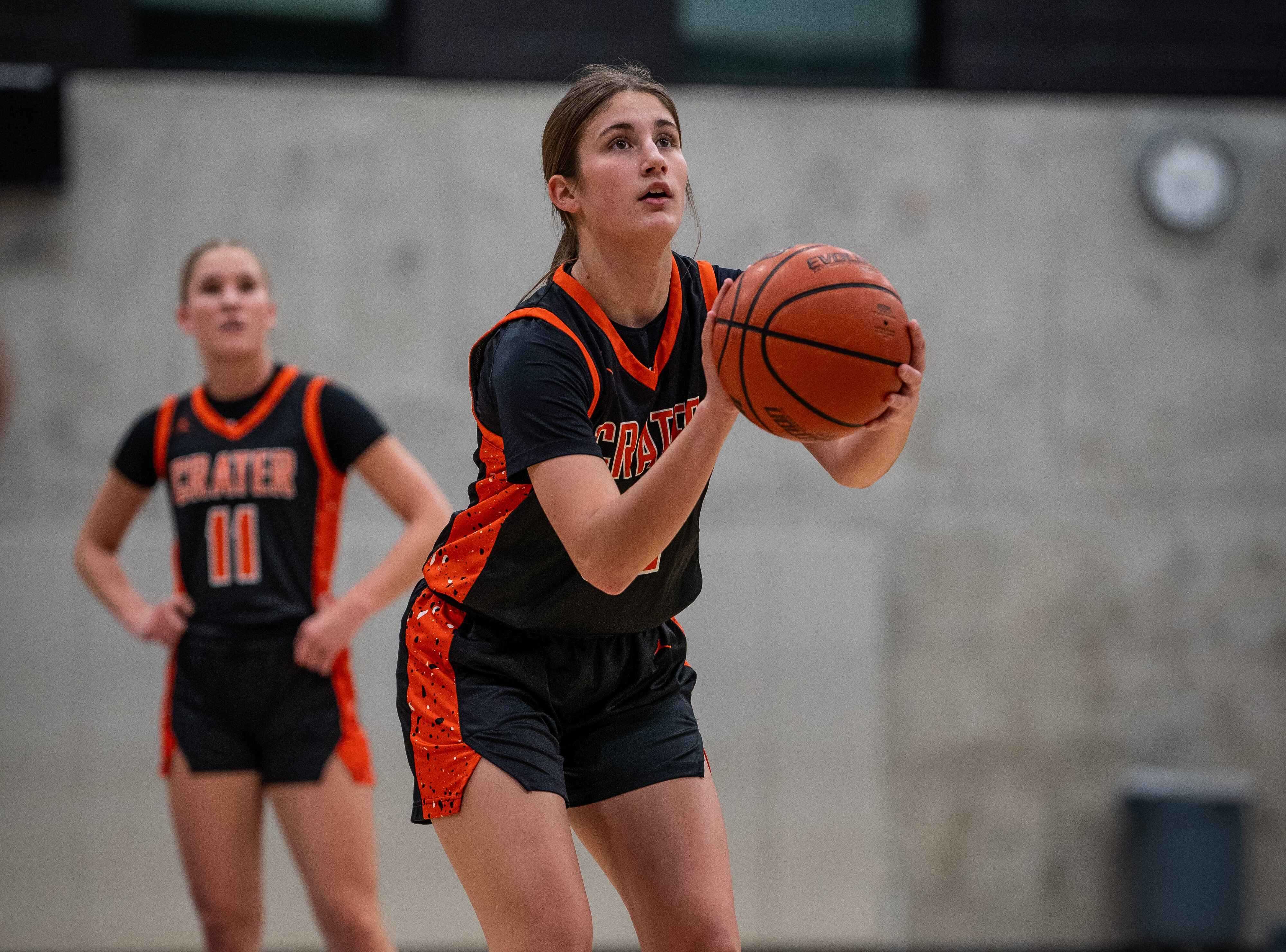 Crater guards Taylor Young (right) and Sage Winslow (11) combine to average 35 points per game. (Photo by Eduardo Ibarra)