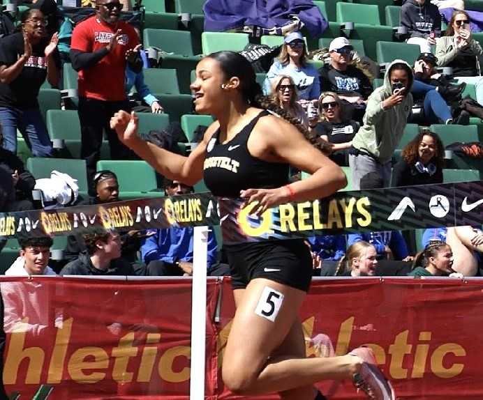 Roosevelt's Aster Jones recorded personal bests in winning the 100 and 200 at the Oregon Relays. (Photo by Natalie Eisenman)
