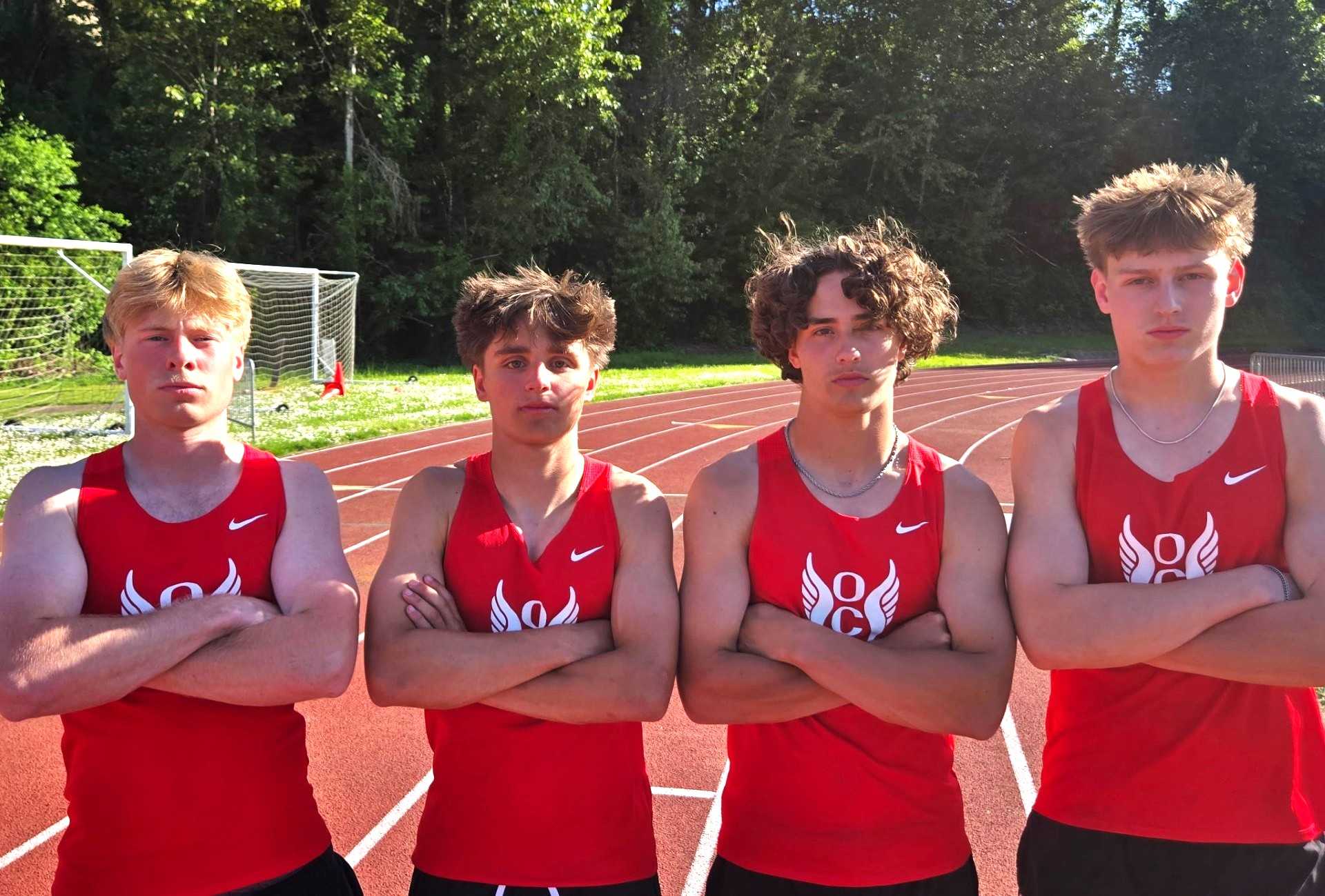 Oregon City's top-ranked 4x100 relay, from left: Easton Hunt, Colin Smith, Keaton Moore and Chase Borden.