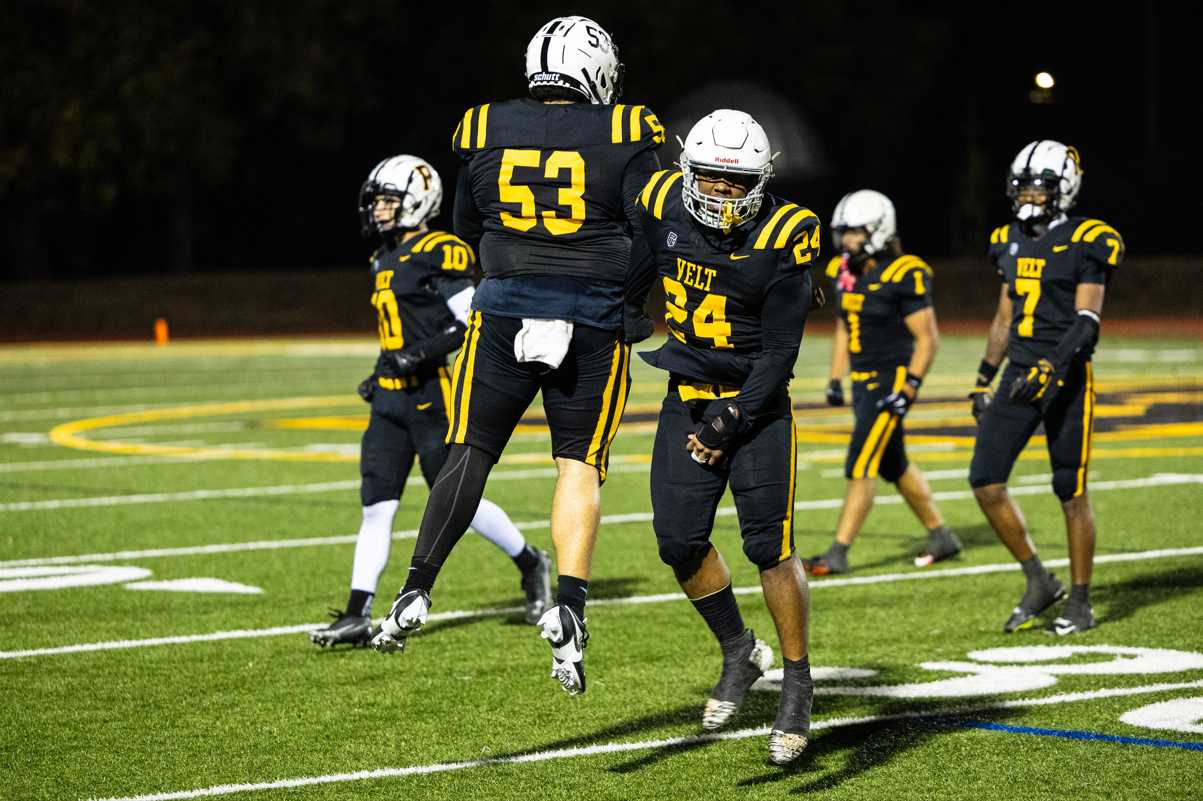 Roosevelt football players celebrate a play against Ida B. Wells on Sept. 26. (Courtesy photo: Ben Teese/Portland Preps)