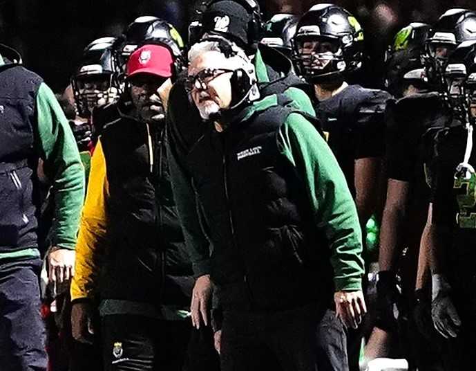 Jon Eagles went 45-4 in four seasons at West Linn, leading the Lions to state titles in 2022 and 2024. (Photo by J.R. Olson)