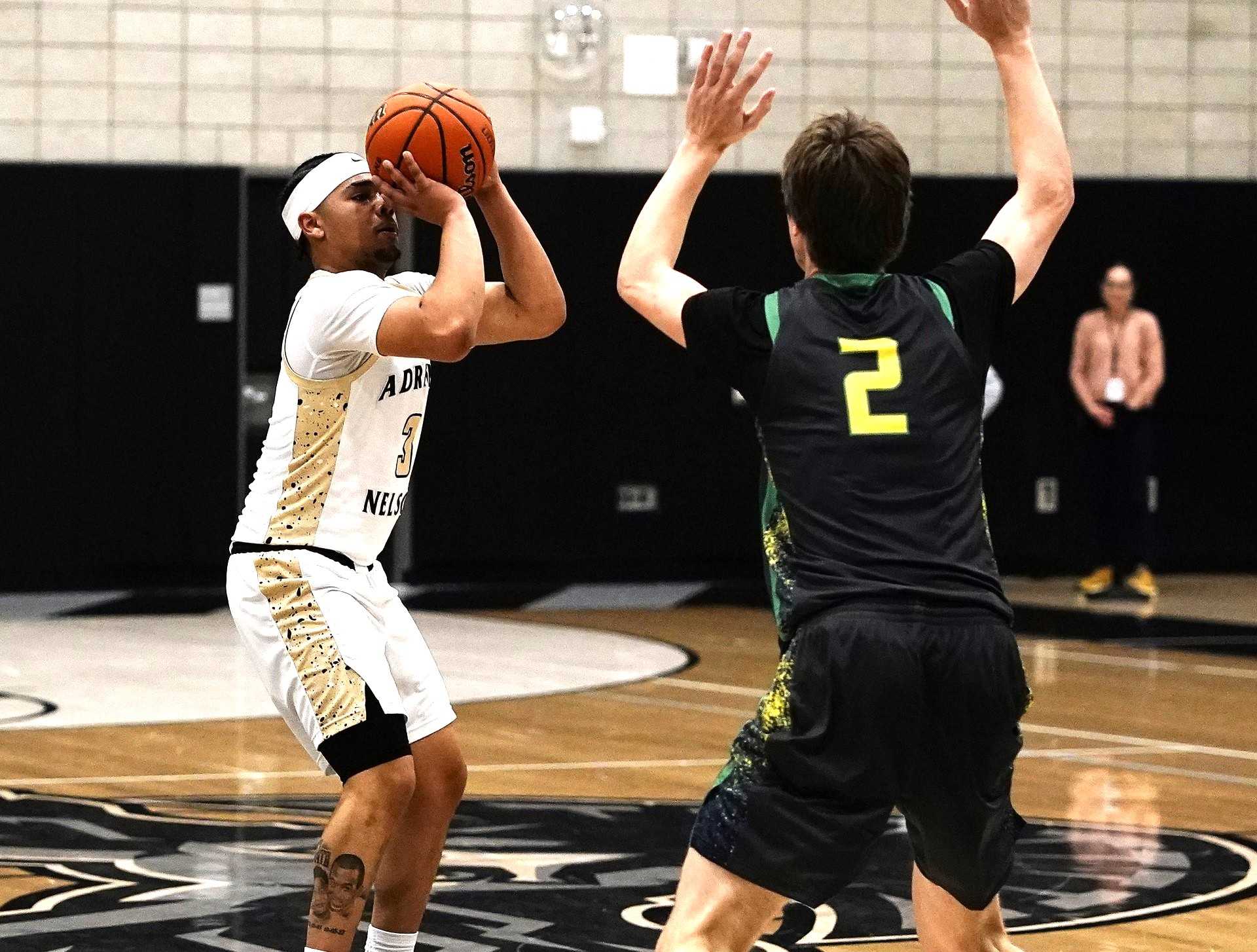 Nelson's Jaydon Schregardus made six three-pointers and scored 29 points in Tuesday's win over West Linn. (Photo by J.R. Olson)