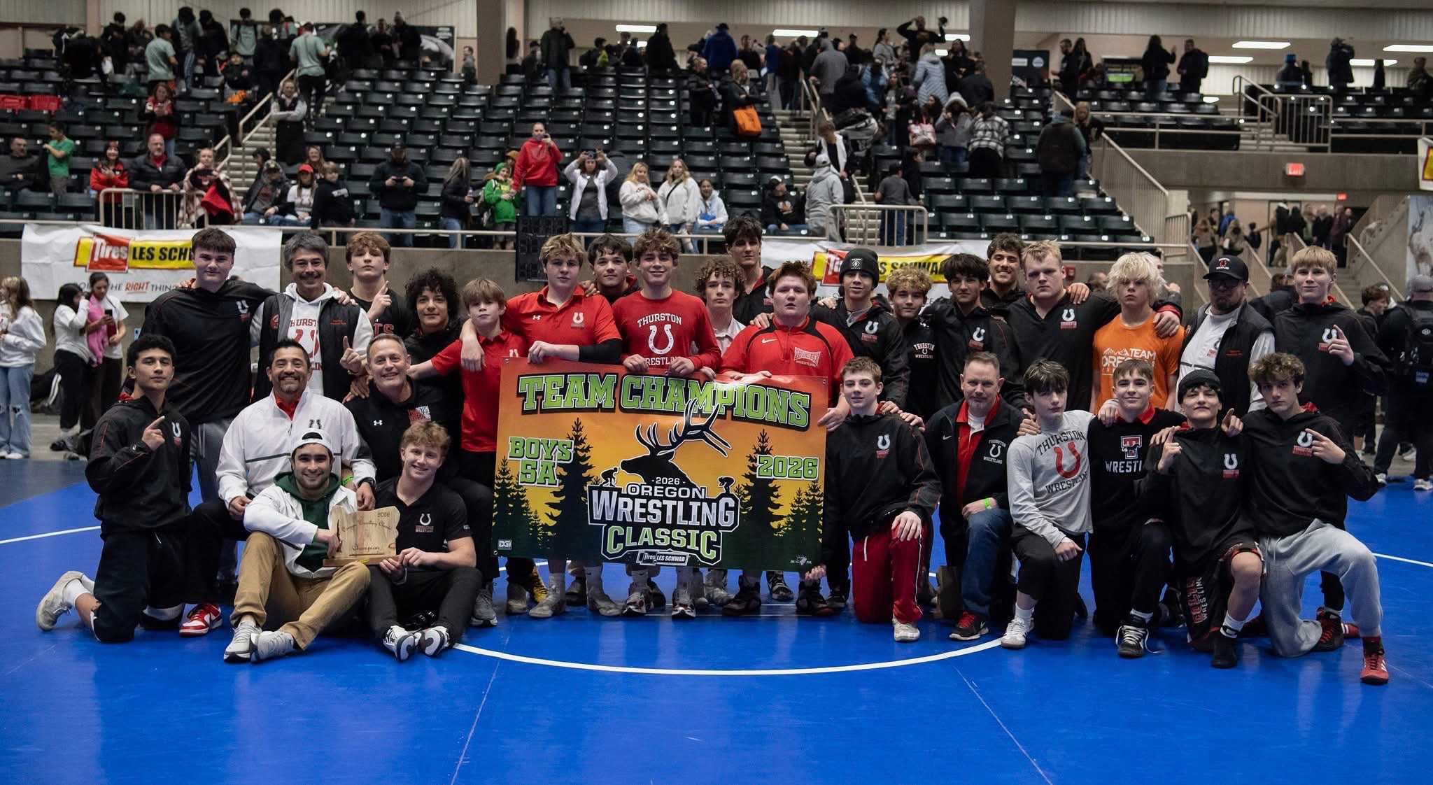 The Thurston boys wrestling team poses after winning the 2026 Oregon Classic. (Photo from Mike Simons)