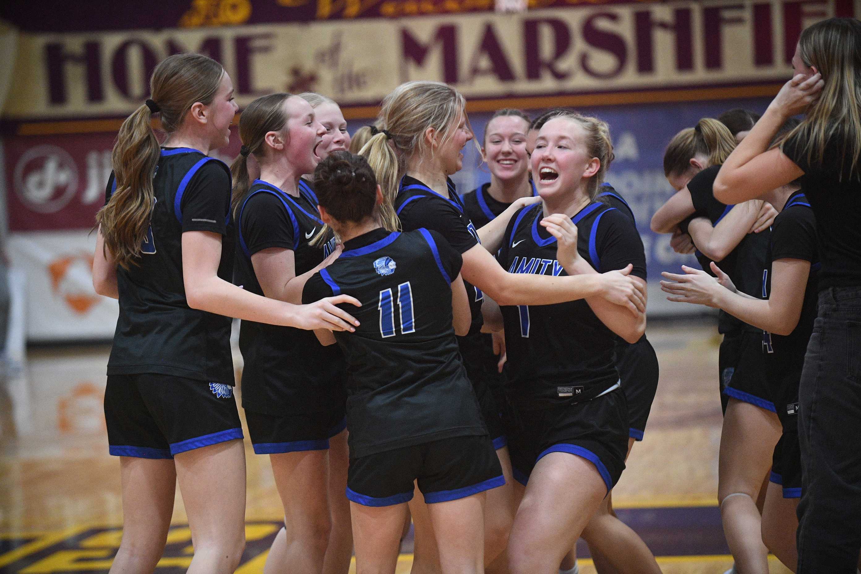 Amity celebrates its second straight state title after beating Vale on Saturday (John Gunther photo).