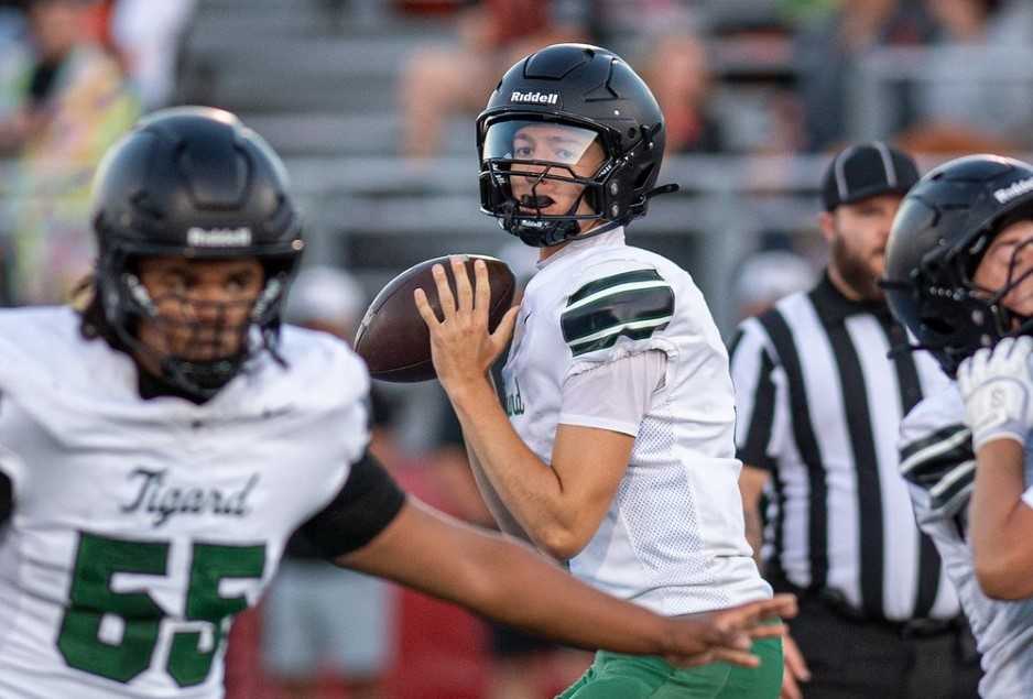 Tigard senior quarterback Aris Dimick, a third-year starter, has accounted for 11 touchdowns this season.(Photo by Ralph Greene)
