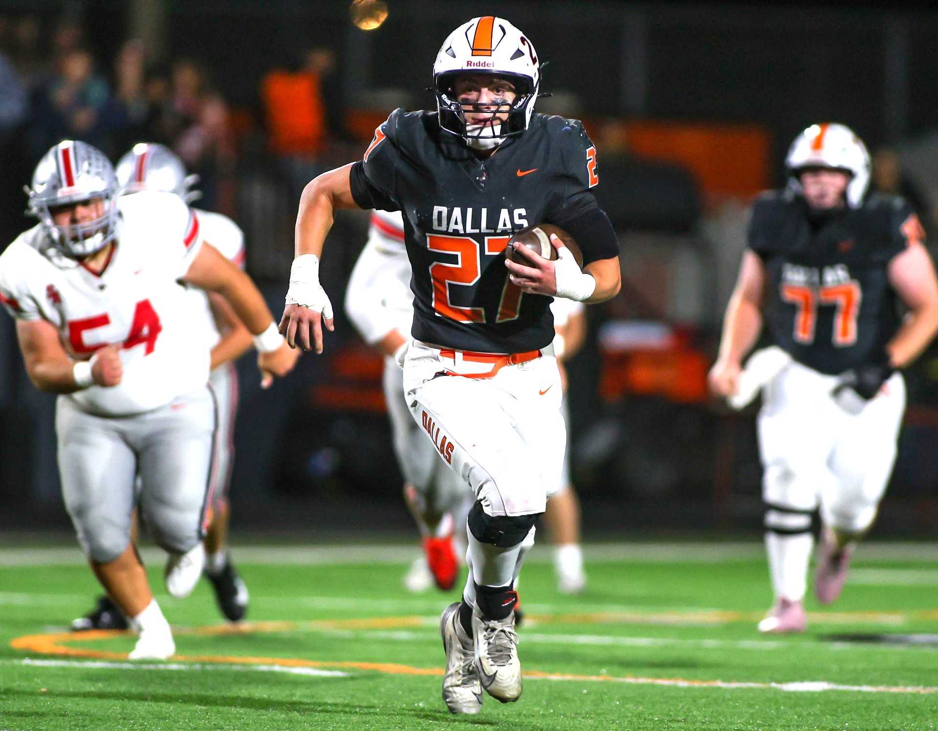 Dallas senior Aidan Galusha has rushed for 403 yards and 10 touchdowns and has a team-high 41 tackles. (Photo by Eddie Bruning)