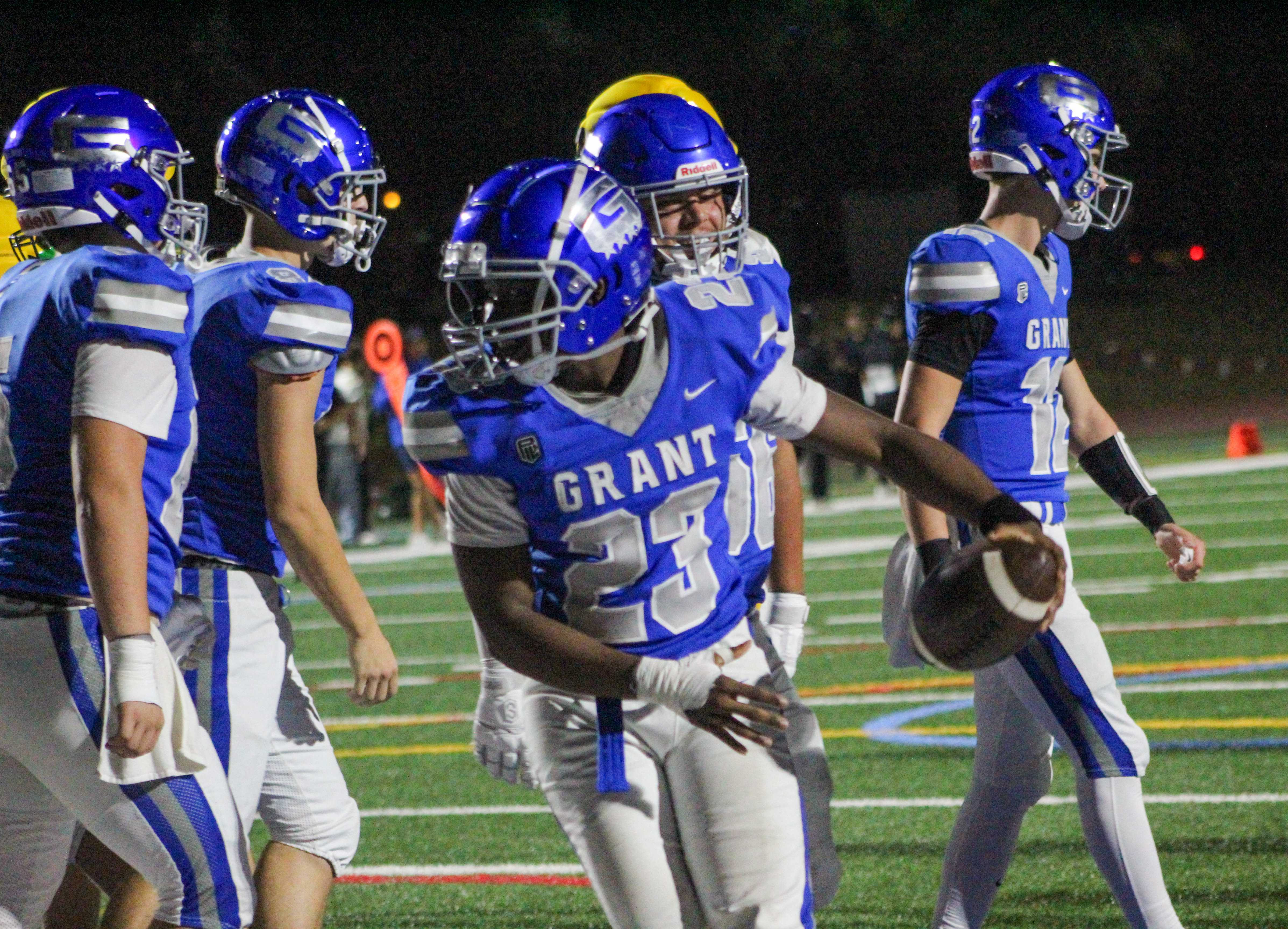 Grant's JaCory Jackson looks for a ref after scoring a TD against Cleveland. (Photo by Austin White)