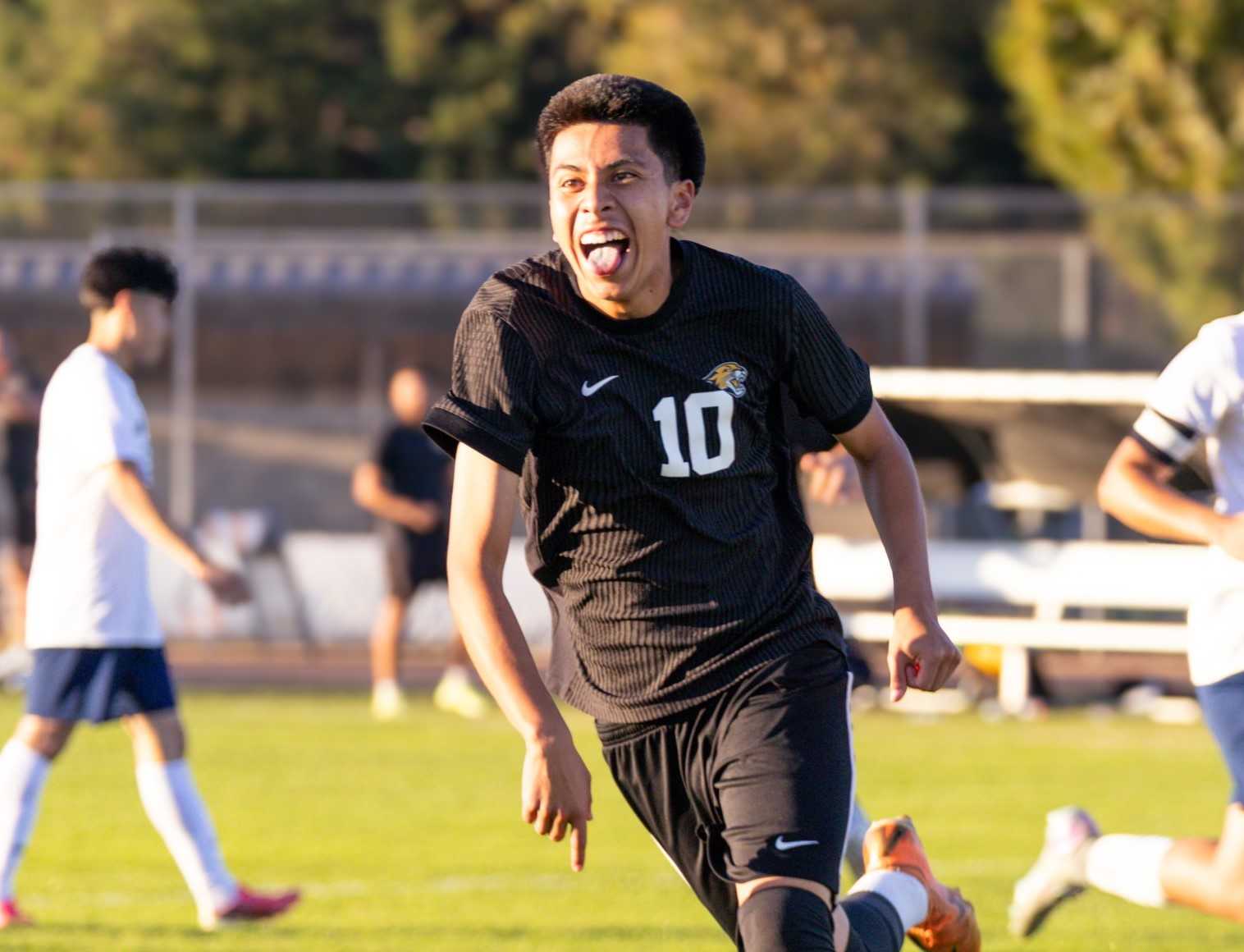 Junior Julian Cabrera, Cascade's leading scorer, celebrates a goal in his team's 3-2 win over Stayton. (Photo by Ammon Tuebner)