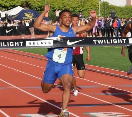 Benson's MIcah Williams crosses the finish line at the Nike Jesuit Twilight Relays on Friday. (Photo courtesy DyeStat)